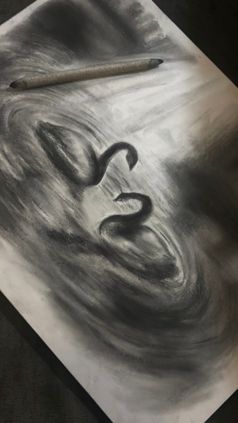 A charcoal sketch of curling ribbon shapes